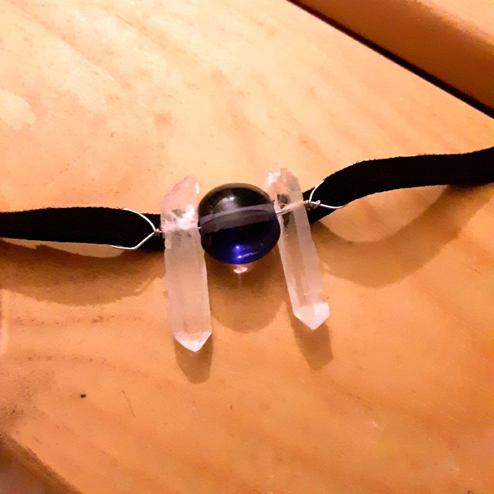 Quartz crystal and glass pendant handmade